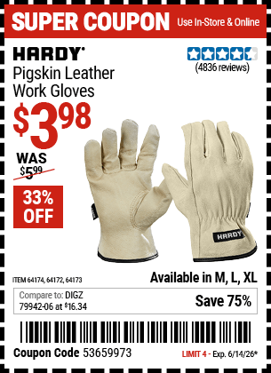 Harbor Freight Coupons, HF Coupons, 20% off - Pigskin Leather Work Gloves