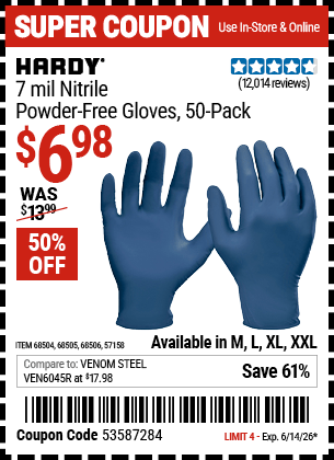 Harbor Freight Coupons, HF Coupons, 20% off - 7 Mil Heavy Duty Powder-free Nitrile Gloves Pack Of 50
