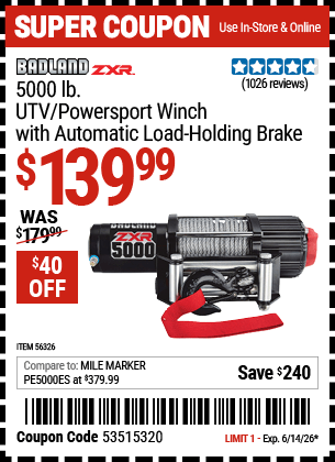 Harbor Freight Coupons, HF Coupons, 20% off - BADLAD ZXR 5000 lb.