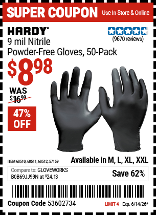 Harbor Freight Coupons, HF Coupons, 20% off - Industrial Strength Powder-free Nitrile Gloves Pack Of 50
