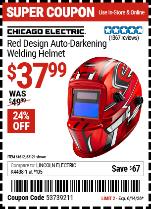 Harbor Freight Coupons, HF Coupons, 20% off - Auto-darkening Welding Helmet With Racing Stripe Design