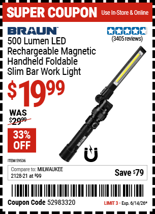 Harbor Freight Coupons, HF Coupons, 20% off - BRAUN 500 Lumen LED Rechargeable Magnetic Handheld Foldable Slim Bar Work Light 