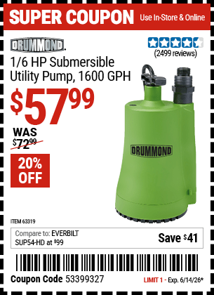 Harbor Freight Coupons, HF Coupons, 20% off - 1/6 Hp Submersible Utility Pump