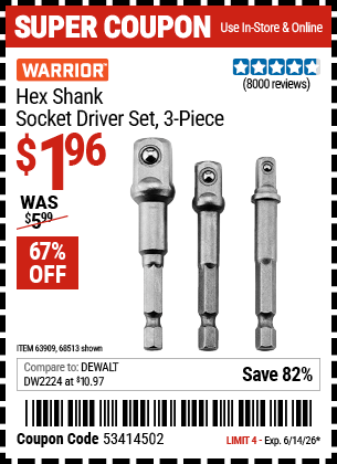 Harbor Freight Coupons, HF Coupons, 20% off - 3 Piece Hex Drill Socket Driver Set