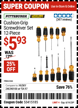 Harbor Freight Coupons, HF Coupons, 20% off - 12 Piece Cushion Grip Screwdriver Set