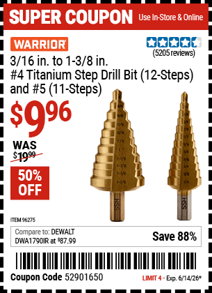Harbor Freight Coupons, HF Coupons, 20% off - 2 Piece Titanium Nitride Coated High Speed Steel Step Drill Bits