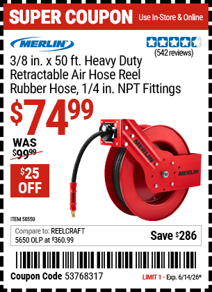 Harbor Freight Coupons, HF Coupons, 20% off - 3/8 in. x 50 ft. Premium Retractable Air Hose Reel