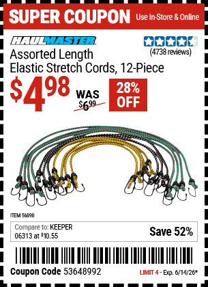 Harbor Freight Coupons, HF Coupons, 20% off - HAUL-MASTER Assorted Length Elastic Stretch Cords 12 Pc. for $3.99
