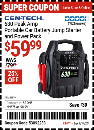 Harbor Freight Coupons, HF Coupons, 20% off - 630 Peak Amp Portable Jump Starter and Power Pack