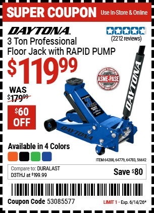 Harbor Freight Coupons, HF Coupons, 20% off - Daytona 3 Ton Heavy Duty Floor Jack