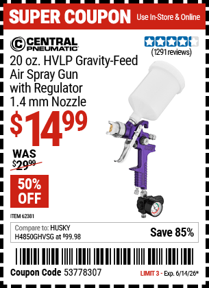 Harbor Freight Coupons, HF Coupons, 20% off - 20 Oz. Hvlp Gravity Feed Air Spray Gun With Regulator