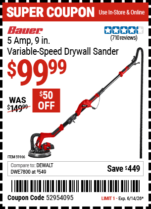 Harbor Freight Coupons, HF Coupons, 20% off - BAUER 5 Amp 9 in. Variable Speed Drywall Sander 