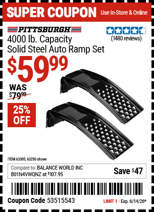 Harbor Freight Coupons, HF Coupons, 20% off - 2 Piece Solid Steel Auto Ramp Set