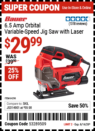 Harbor Freight Coupons, HF Coupons, 20% off - Bauer 6.5 Amp Heavy Duty Tool-free Variable Speed Orbital Jig Saw