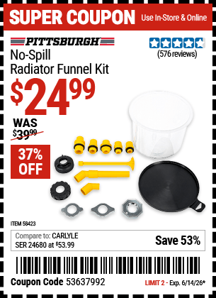 Harbor Freight Coupons, HF Coupons, 20% off - PITTSBURGH No-Spill Radiator Funnel Kit for $24.99