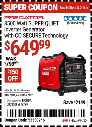 Harbor Freight Coupons, HF Coupons, 20% off - PREDATOR 3500 Watt Super Quiet Inverter Generator with CO SECURE� Technology 