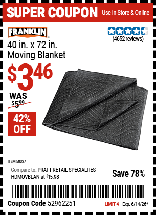 Harbor Freight Coupons, HF Coupons, 20% off - FRANKLIN 40 in. x 72 in. Moving Blanket 