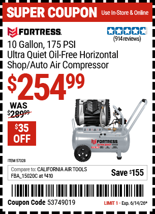 Harbor Freight Coupons, HF Coupons, 20% off - 10 Gallon 175 PSI Ultra Quiet Horizontal Shop/Auto Air Compressor
