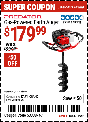 Harbor Freight Coupons, HF Coupons, 20% off - PREDATOR Gas Powered Earth Auger 