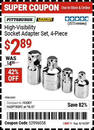Harbor Freight Coupons, HF Coupons, 20% off - 4 Piece High Visibility Socket Adapter Set