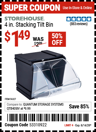 Harbor Freight Coupons, HF Coupons, 20% off - 4 in. Stacking Tilt Bin