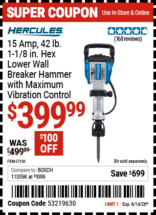 Harbor Freight Coupons, HF Coupons, 20% off - HERCULES 15 Amp, 42 lb., 1-1/8 in. Hex Lower Wall Breaker Hammer with Maximum Vibration Control for $399.99