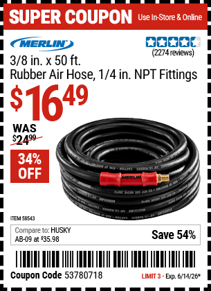 Harbor Freight Coupons, HF Coupons, 20% off - MERLIN 3/8 in. x 50 ft. Rubber Air Hose 
