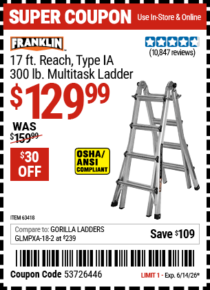 Harbor Freight Coupons, HF Coupons, 20% off - 17 Foot Type Ia Muti Task Ladder