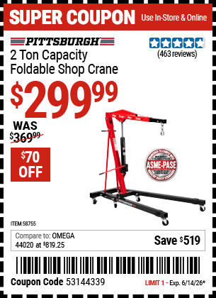 Harbor Freight Coupons, HF Coupons, 20% off - PITTSBURGH 2 Ton-Capacity Foldable Shop Crane 