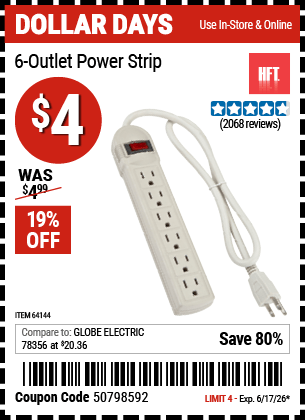 Harbor Freight Coupons, HF Coupons, 20% off - 6 Outlet Power Strip