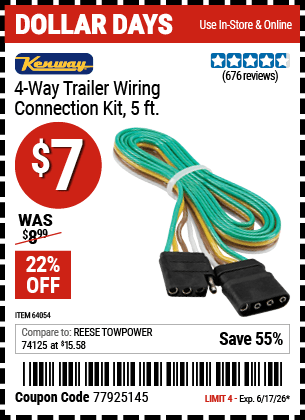 Harbor Freight Coupons, HF Coupons, 20% off - Two-way Four-flat Trailer Wire Kit