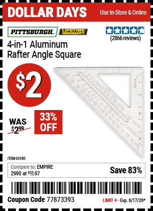 Harbor Freight Coupons, HF Coupons, 20% off - 4-in-1 Aluminum Rafter Angle Square