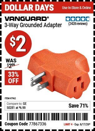 Harbor Freight Coupons, HF Coupons, 20% off - 3-way Grounded Adapter