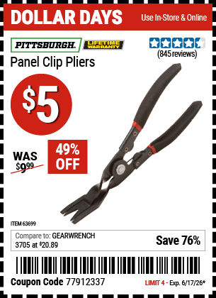 Harbor Freight Coupons, HF Coupons, 20% off - Panel Clip Pliers