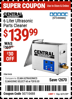 Harbor Freight Coupons, HF Coupons, 20% off - CENTRAL MACHINERY 6 Liter Ultrasonic Parts Cleaner 