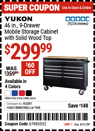 Harbor Freight Coupons, HF Coupons, 20% off - YUKON 46 in., 9-Drawer Mobile Storage Cabinet With Solid Wood Top for $299.99