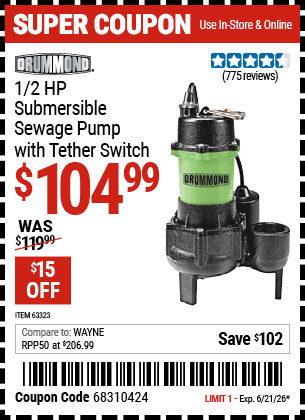 Harbor Freight Coupons, HF Coupons, 20% off - 1/2 HP Submersible Sewage Pump with Tether Switch