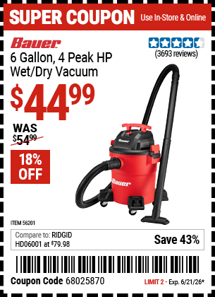 Harbor Freight Coupons, HF Coupons, 20% off - Bauer 6 Gallon Wet Dry Vacuum