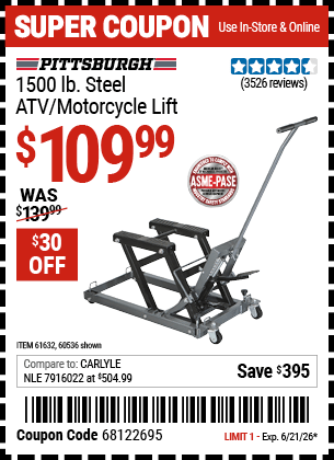 Harbor Freight Coupons, HF Coupons, 20% off - 1500 Lb. Capacity Atv/motorcycle Lift