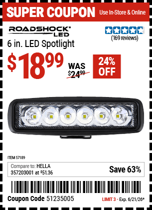 Harbor Freight Coupons, HF Coupons, 20% off - 6 in. LED Spot Light