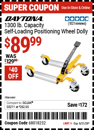 Harbor Freight Coupons, HF Coupons, 20% off - 5200 Lb. Ultra-mobile Self-loading Vehicle Dolly