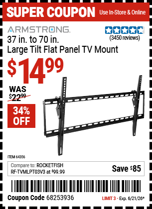 Harbor Freight Coupons, HF Coupons, 20% off - ARMSTRONG Large Tilt Flat Panel TV Mount for $19.99