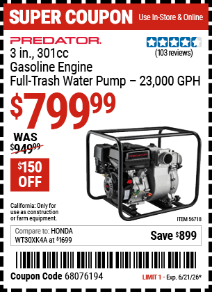 Harbor Freight Coupons, HF Coupons, 20% off - 3 in.  301cc Gasoline Engine Full-Trash Water Pump - 23,000 GPH