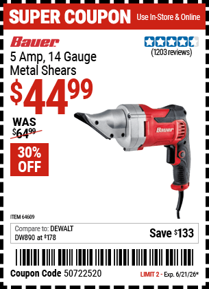 Harbor Freight Coupons, HF Coupons, 20% off - 14 Guage, 5 Amp Swivel Head Shears