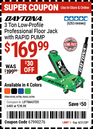 Harbor Freight Coupons, HF Coupons, 20% off - Daytona Rapid Pump 3 Ton Steel Low Profile Floor Jacks