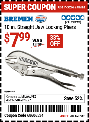 Harbor Freight Coupons, HF Coupons, 20% off - BREMEN 10 in. Straight Jaw Locking Pliers for $6.99