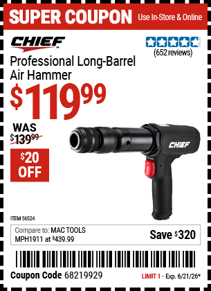 Harbor Freight Coupons, HF Coupons, 20% off - Professional Long Barrel Air Hammer
