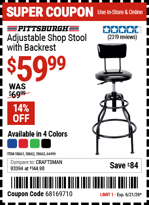 Harbor Freight Coupons, HF Coupons, 20% off - Adjustable Shop Stool With Backrest