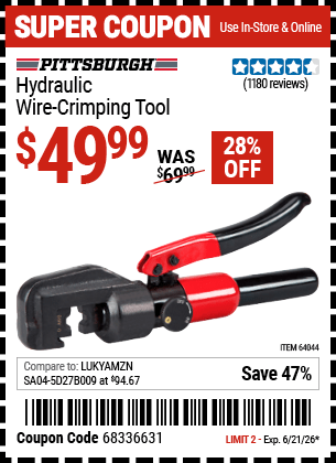 Harbor Freight Coupons, HF Coupons, 20% off - Hydraulic Wire Crimping Tool