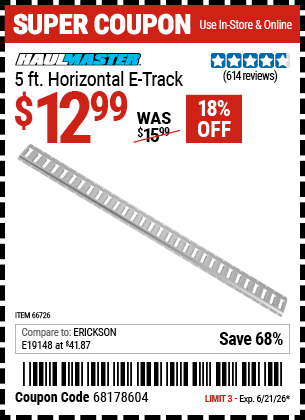 Harbor Freight Coupons, HF Coupons, 20% off - 5 Ft Horizontal E-track